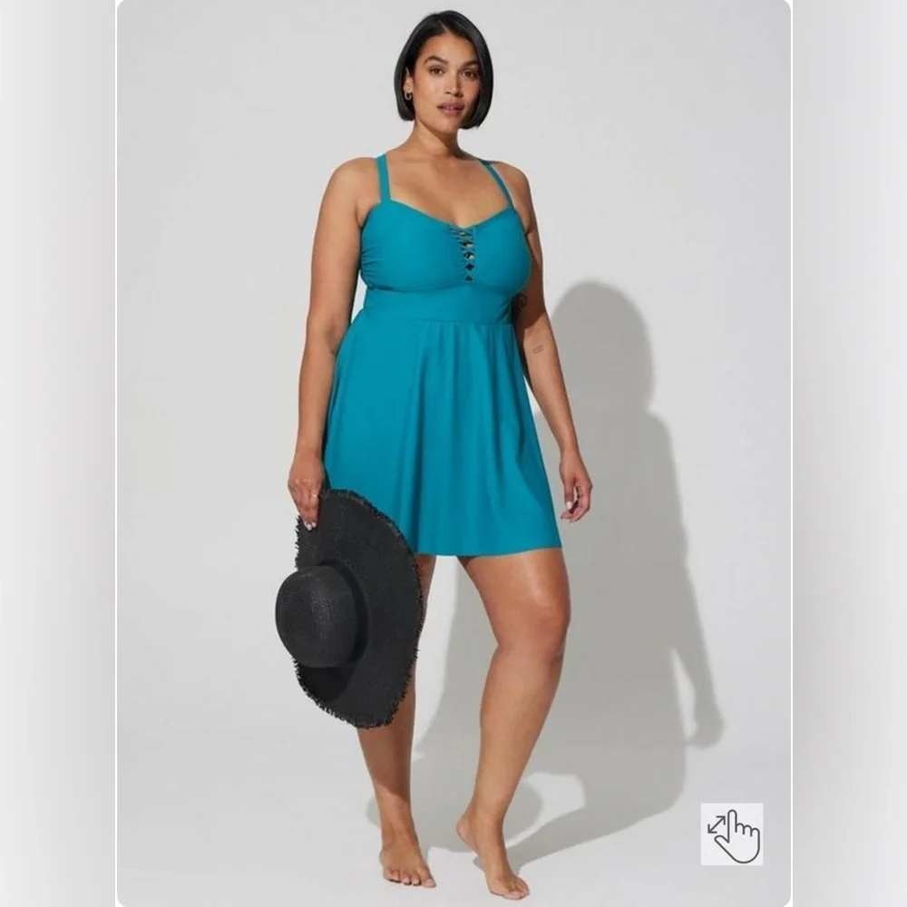 Torrid Green Blue Wireless Long Lattice Swim Dress with Brief Size‎ 2, 2X